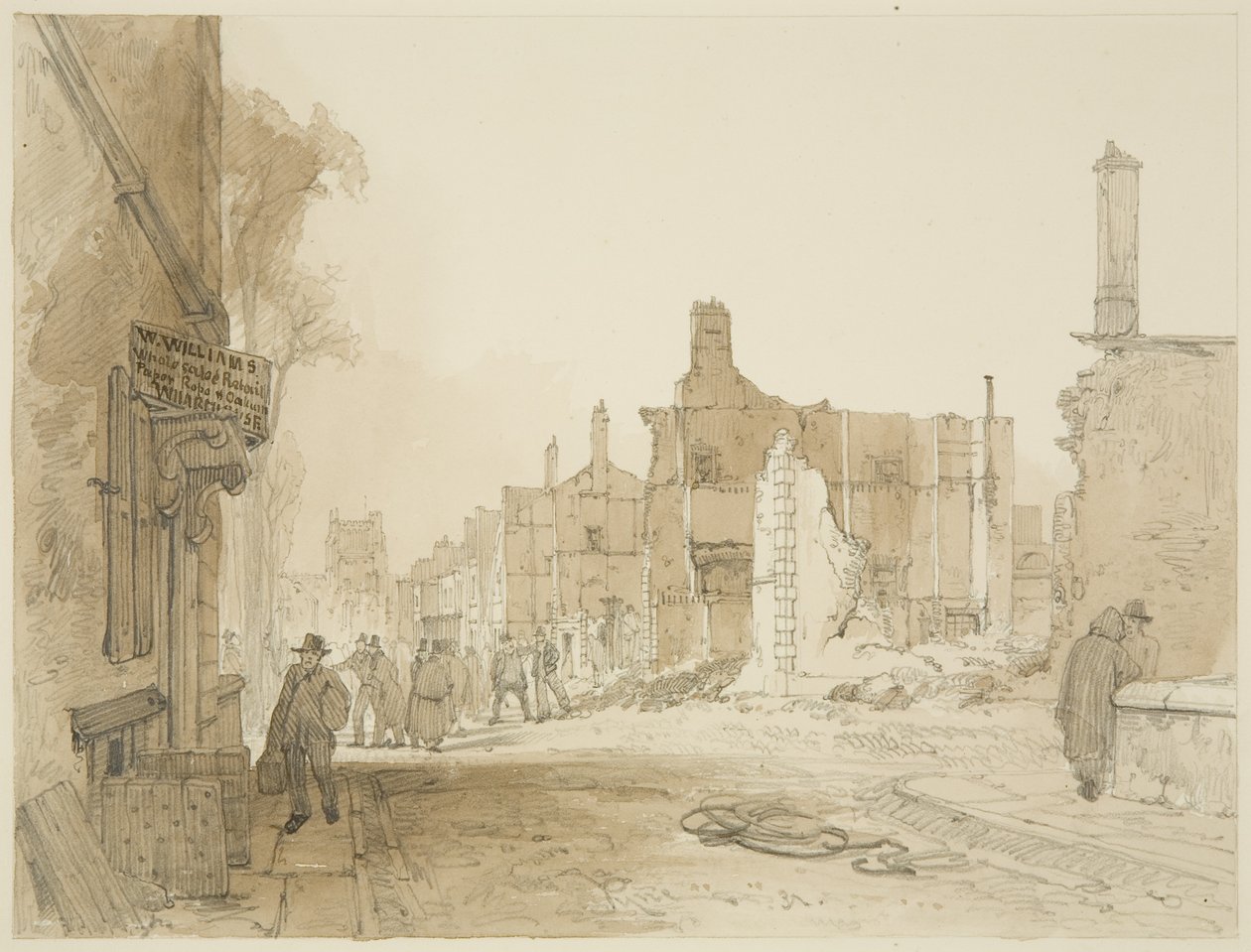 Ruínas da Casa da Mansão e Casa de Costumes na Praça da Rainha depois dos Riots (lápis e aquarela sobre papel) de James Baker Pyne