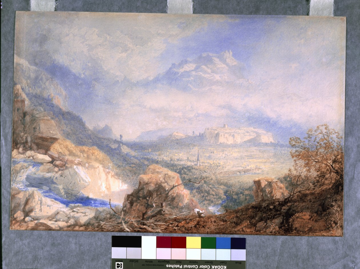 Vale do Ródano com a cidade e a cidadela de Sion, na Suíça (aguarela e guache em papel não branco) de James Baker Pyne