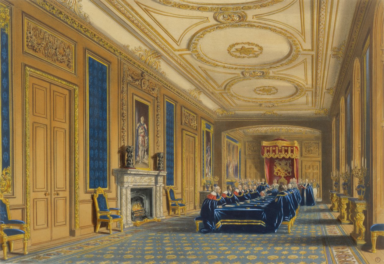 A Sala do Trono, Castelo de Windsor - A Instalação da Ordem da Jarreteira, 1838 de James Baker after Pyne