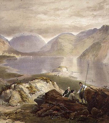 Wast Water, detalhe de pescadores, de The English Lake District, 1853 (detalhe de 97210) de James Baker after Pyne