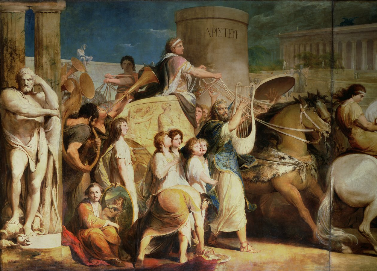 Coroando os vencedores em Olympia, terceiro na série "O progresso da cultura humana e do conhecimento", detalhe do cocheiro, Hiero de Siracusa e vencedores, c.1777-84 de James Barry