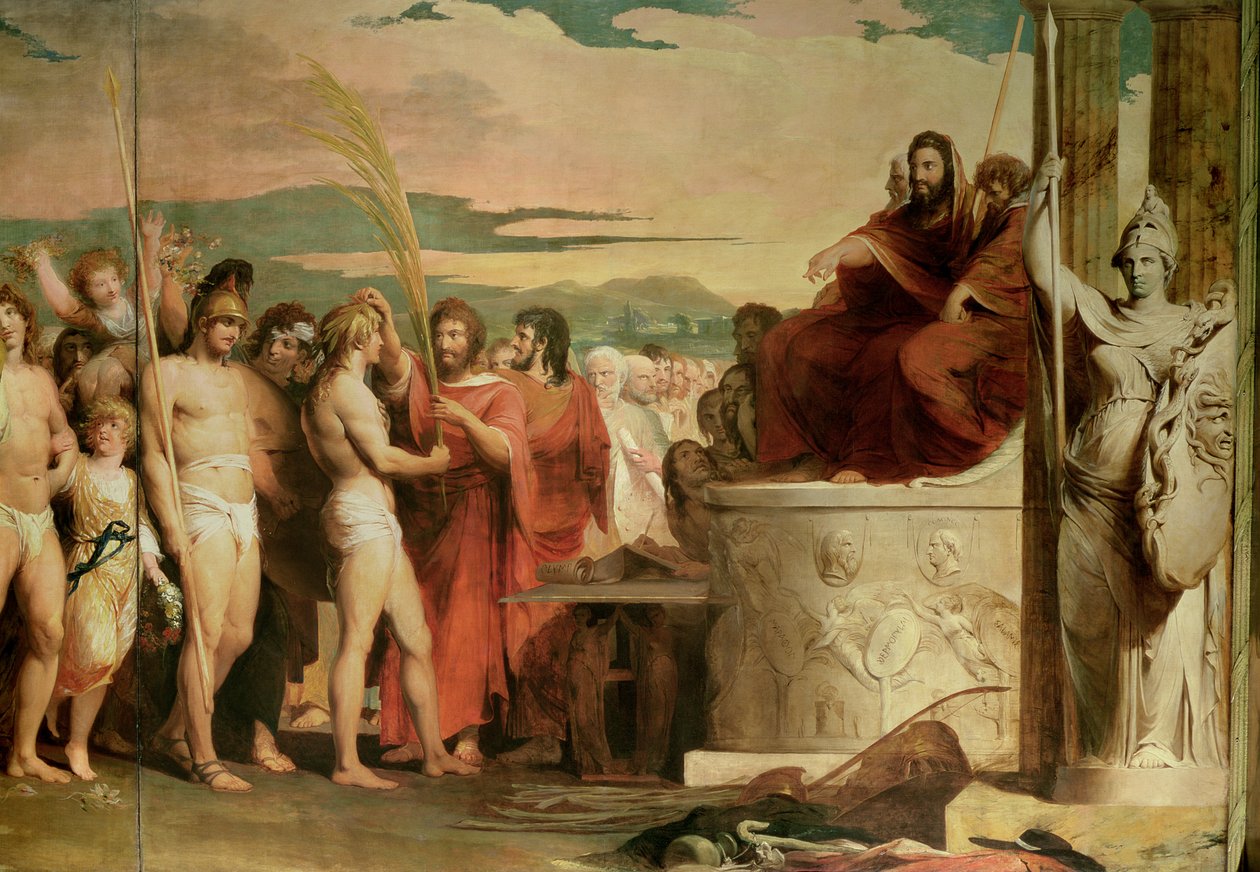 Coroando os vencedores em Olympia, terceiro na série O Progresso da Cultura e do Conhecimento Humanos, detalhe dos vencedores sendo coroados antes da Hellanodicae, c.1777-84 (ver 101472, 10 de James Barry