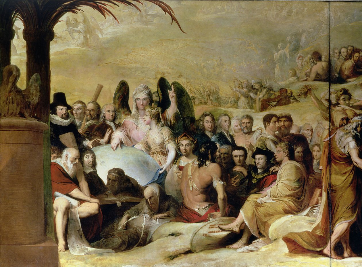 Elysium, ou O Estado da Retribuição Final, sexto na série de O Progresso da Cultura e do Conhecimento Humanos c.1777-84, detalhe de cientistas e filósofos olhando para o Globo (ver de James Barry