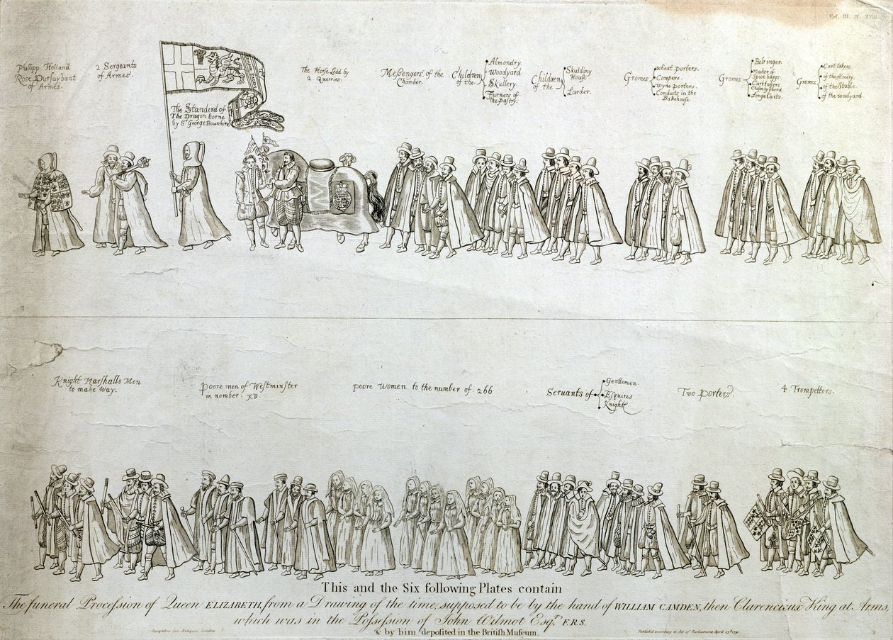 O cortejo fúnebre da rainha Isabel I, a partir de um desenho da época que se supõe ser da autoria de William Camden, o rei de armas de Clarencieux, gravado por James Basire (1730-1802), pub. 1791 (gravura) de James Basire