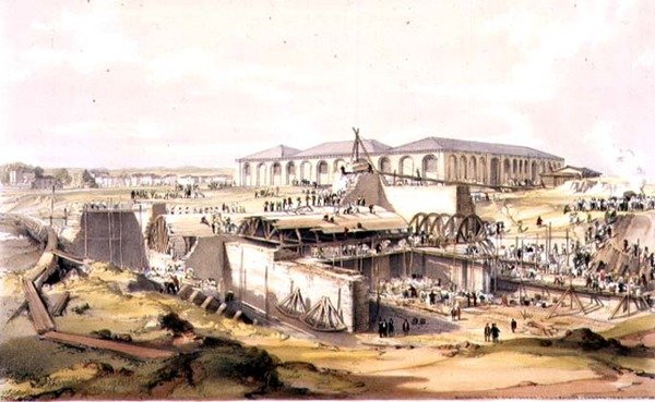 Edifício da Stationary Engine House, Camden Town, 28 de Abril de 1837, gravada pelo artista de James Bourne