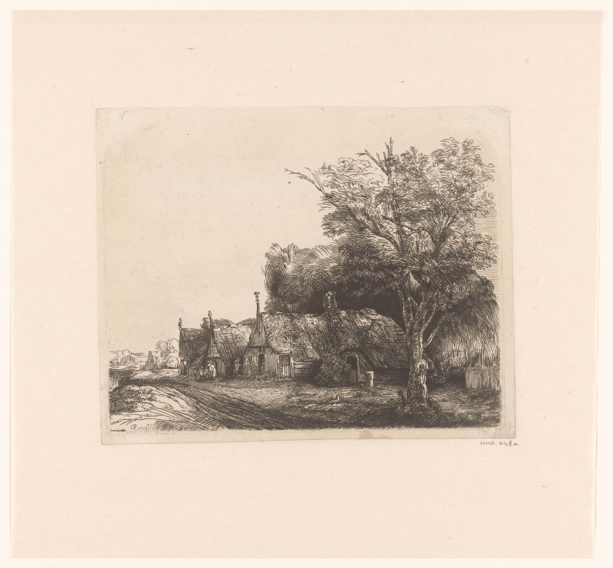 Paisagem com três casas de campo ao lado de uma estrada de James Bretherton