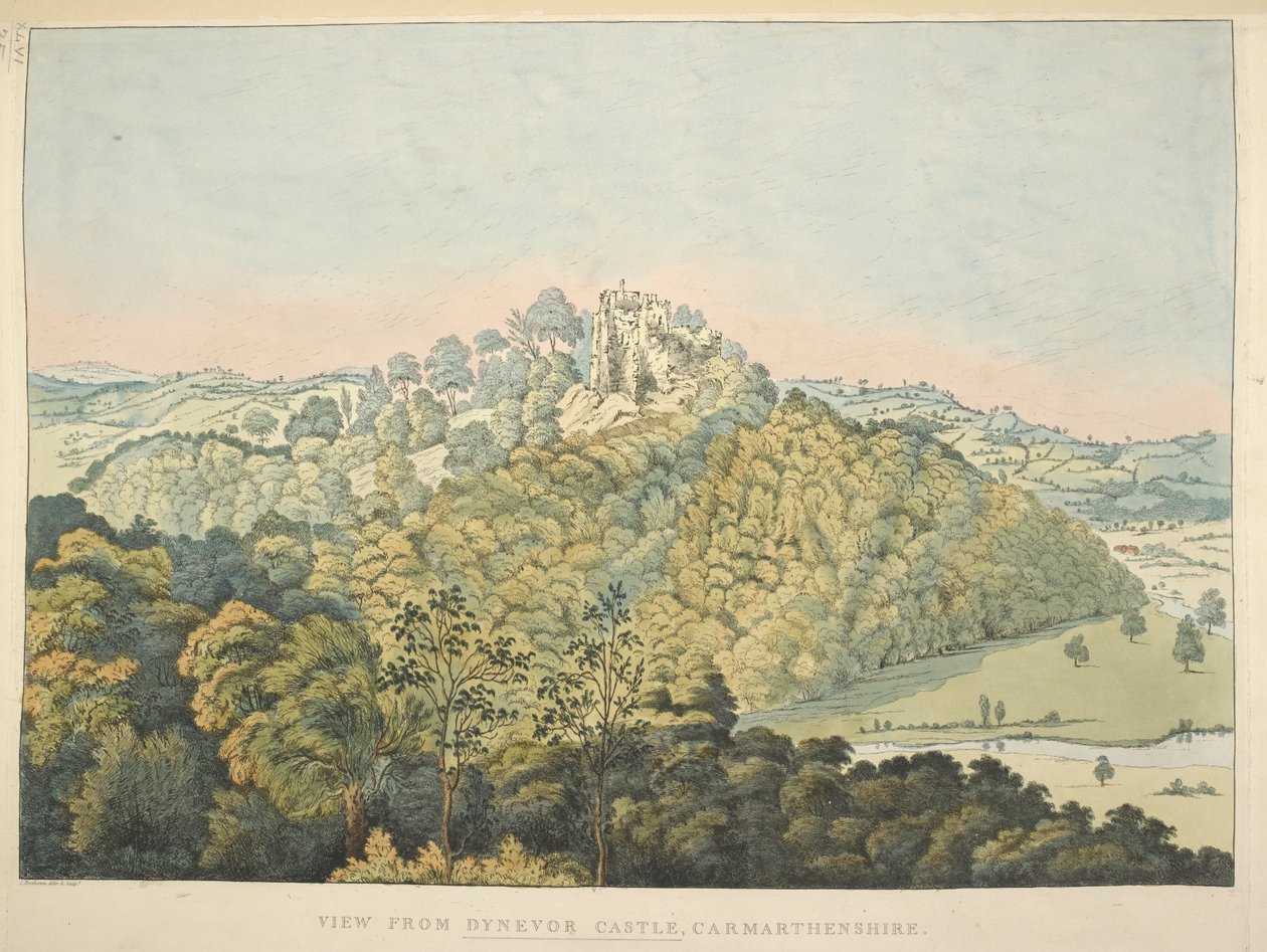 Mapas K Top 46, 35 d Vista do Castelo de Dynevor, com vista para o Rio Towy e Golden Grove (gravura colorida à mão) de James Bretherton