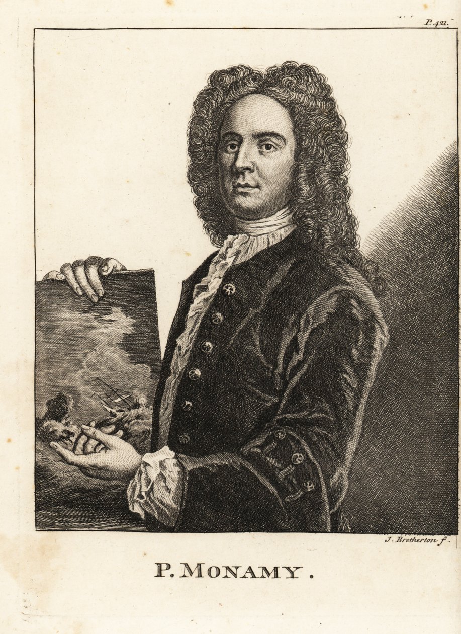 Retrato de Peter Monamy, pintor marinho inglês com uma cena marítima de James Bretherton