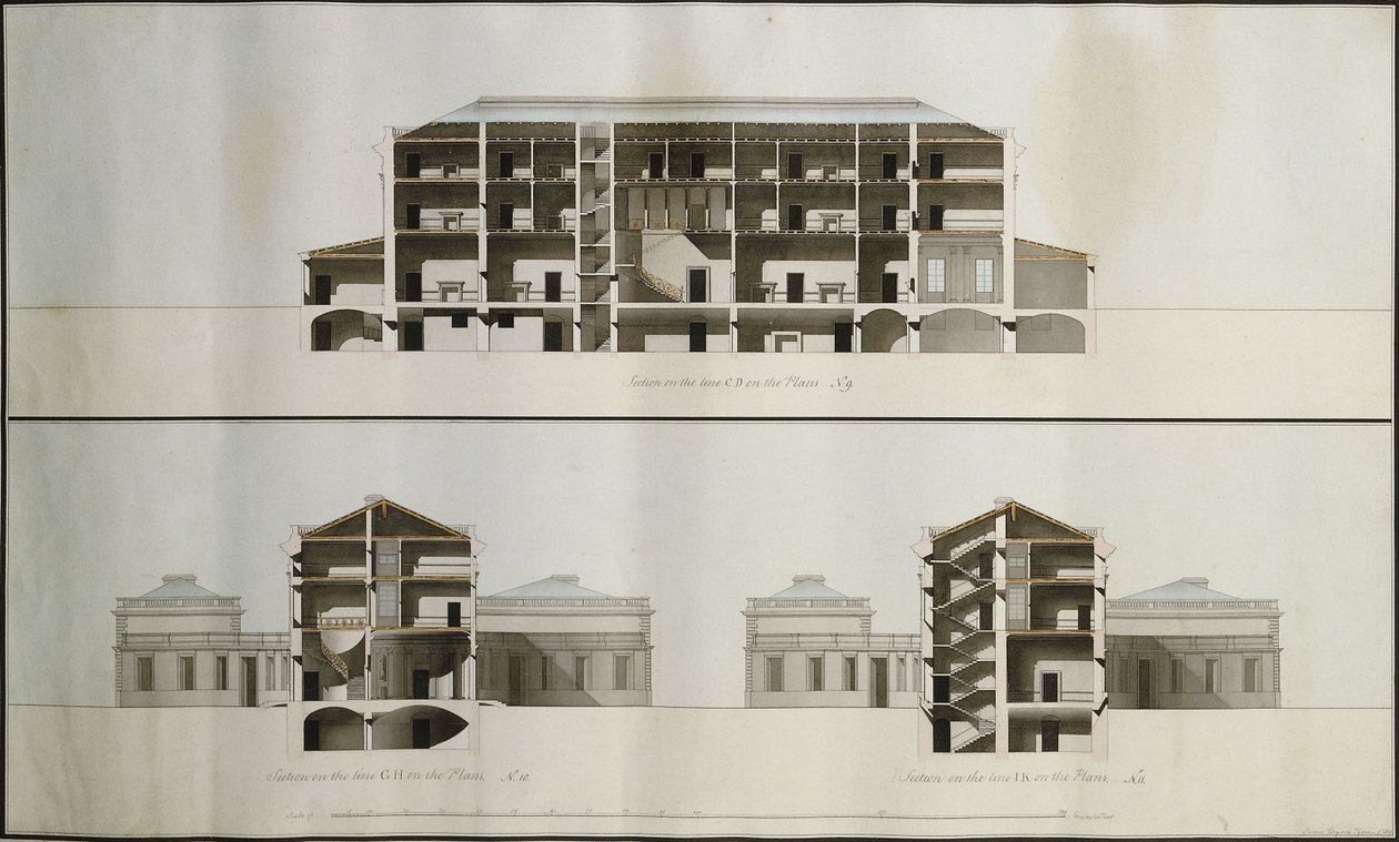 Projetos para uma casa neoclássica para Lord Charleville: três seções de James Byres