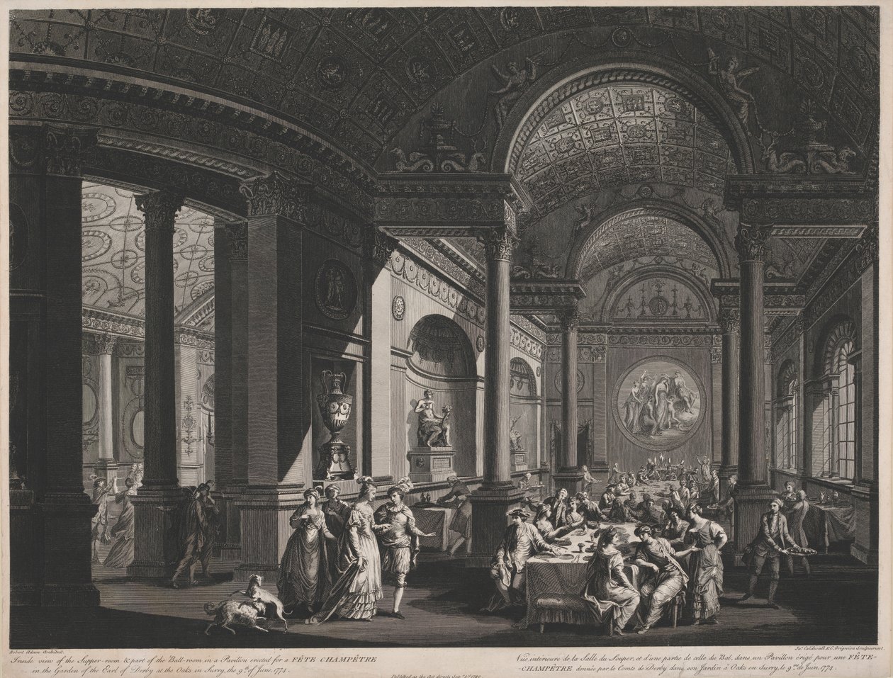 Vista interior da sala de jantar e parte da sala de baile num Pavilhão erguido para um Champetre de Pés no Jardim do Conde de Derby de James Caldwall
