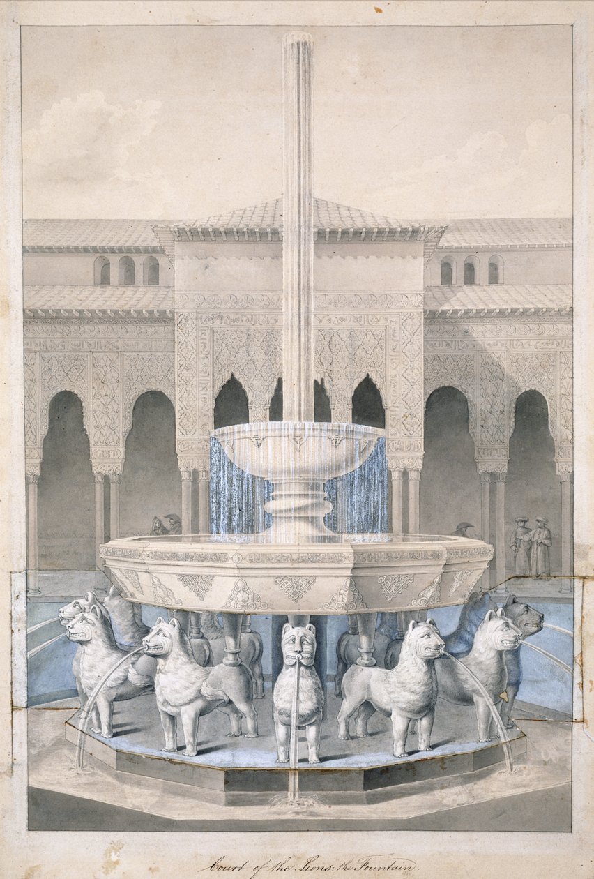 Chafariz no Pátio dos Leões, Alhambra, das Antiguidades Árabes da Espanha, publicado em 1815 (gravura colorida à mão) de James Cavanagh Murphy