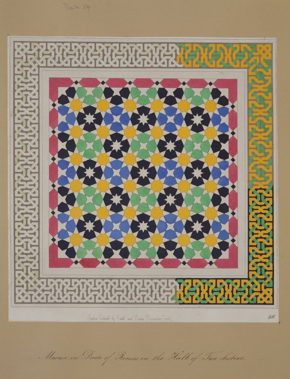 Mosaico em dado de recesso no Salão das Duas Irmãs, Alhambra, de &39;As Antiguidades Árabes da Espanha&39;, publicado em 1812 de James Cavanagh Murphy