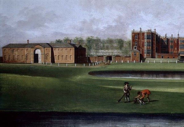 Vista da Casa de Temple Newsam, detalhe da escola de equitação, c.1750 (óleo sobre tela) (ver também 128852) de James Chapman