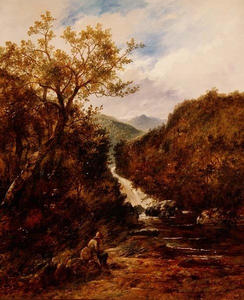 Pescador junto a uma Cascata arborizada de James Charles Ward