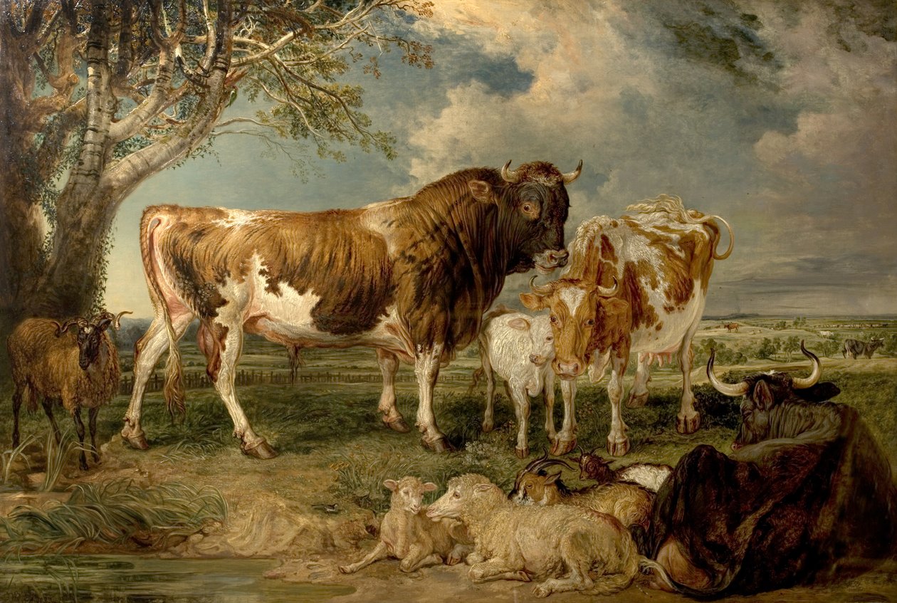 Touro, vaca e bezerro em uma paisagem, 1837 de James Charles Ward