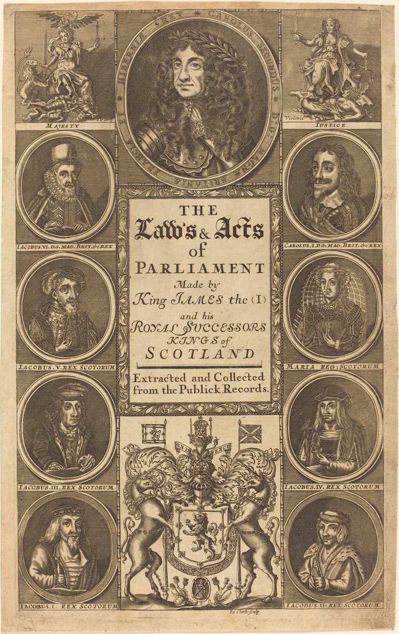 Frontispício para "As Leis e Atos do Parlamento Feitos pelo Rei Jaime I ..." de James Clark