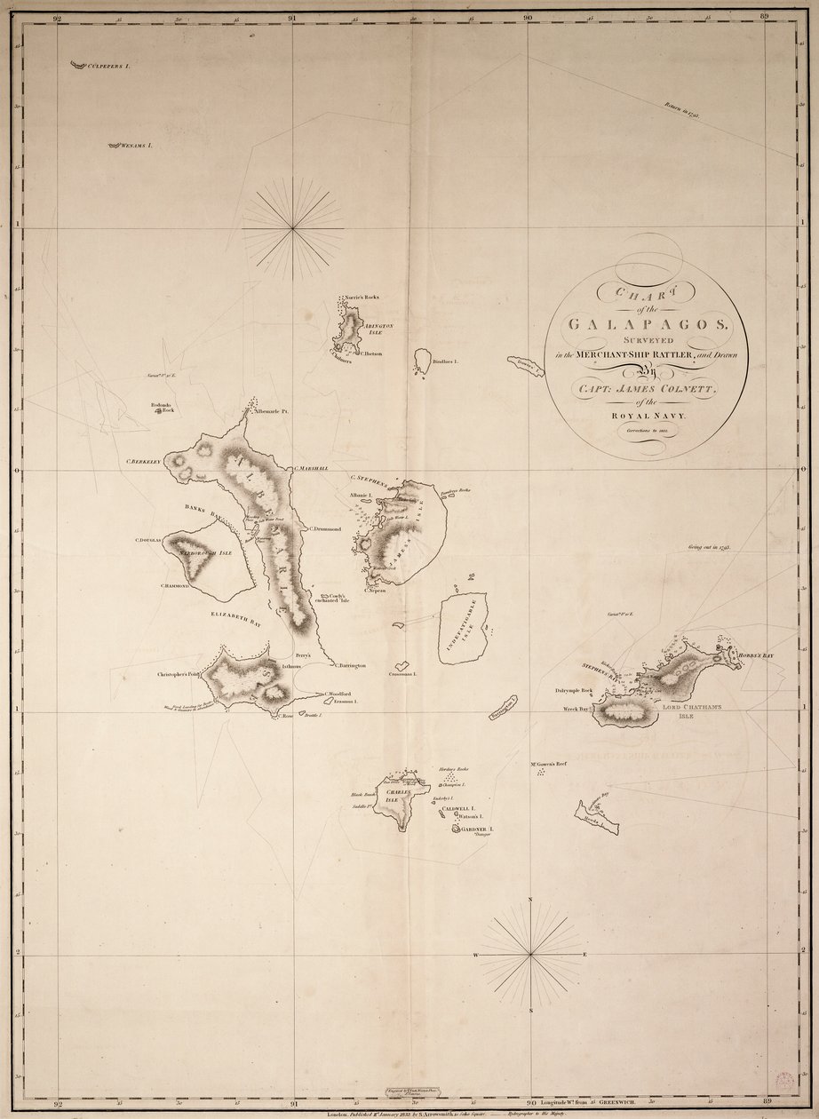 Carta das Galápagos, feita no navio mercante "Rattler", e desenhada pelo Capitão James Colnett, da Marinha Real. Correcções de 1832. de James Colnett