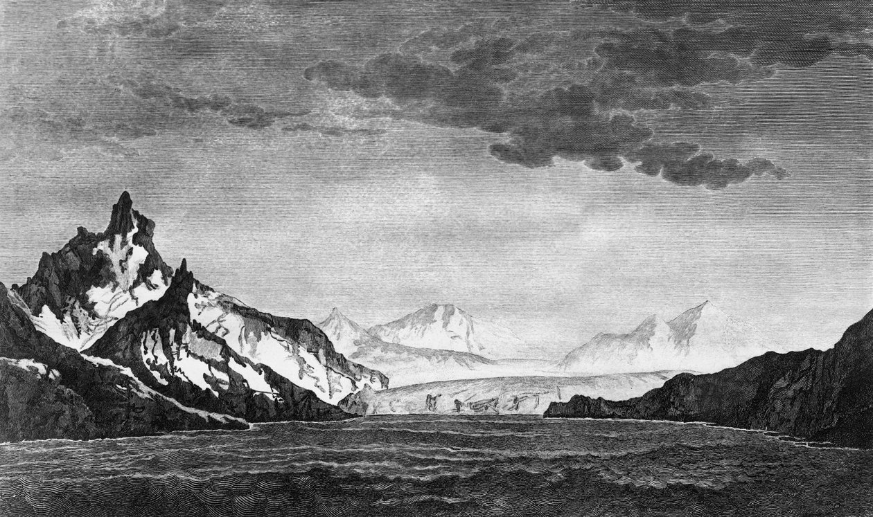 Landscape of Possession Bay on South Georgia Island, ilustração de Voyage towards South Pole, e Round World, por James Cook (1728-1779), edição publicada em Paris em 1778 de James Cook