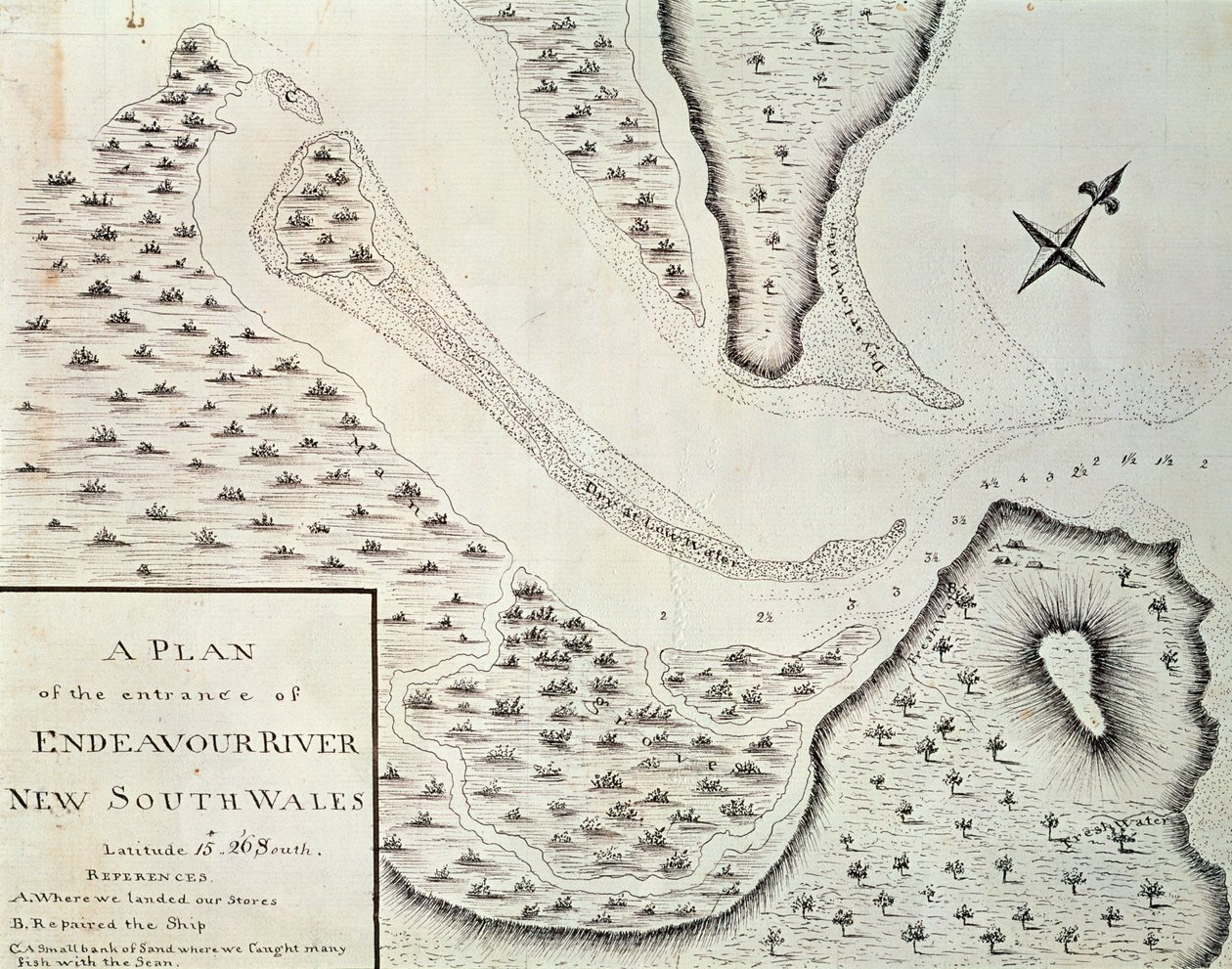 Mapa de entrada do Endeavour River, mapa da conta da primeira viagem liderada por James Cook (1728-1779) entre 1768 e 1771, Austrália de James Cook