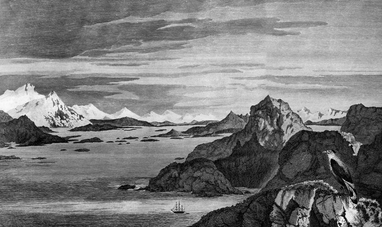 Vista do Som de Natal, Tierra del Fuego, desenho de William Hodges, gravura de William Watts, ilustração de Voyage towards South Pole, e Round World, de James Cook (1728-1779), edição publicada em Paris em 1778 de James Cook