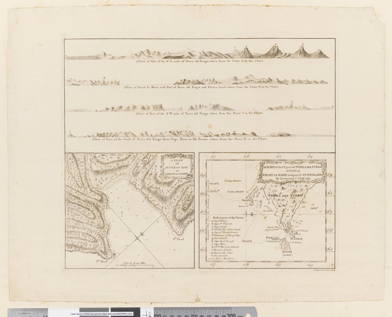 ii. (a) Quatro perfis da costa da Terra del Fuego (b) Um plano da Baía do Sucesso no Estreito de Le Maire (c) Uma carta da parte S.E. da Terra del Fuego, gravada por T. Borven e J. Gibson de James Cook