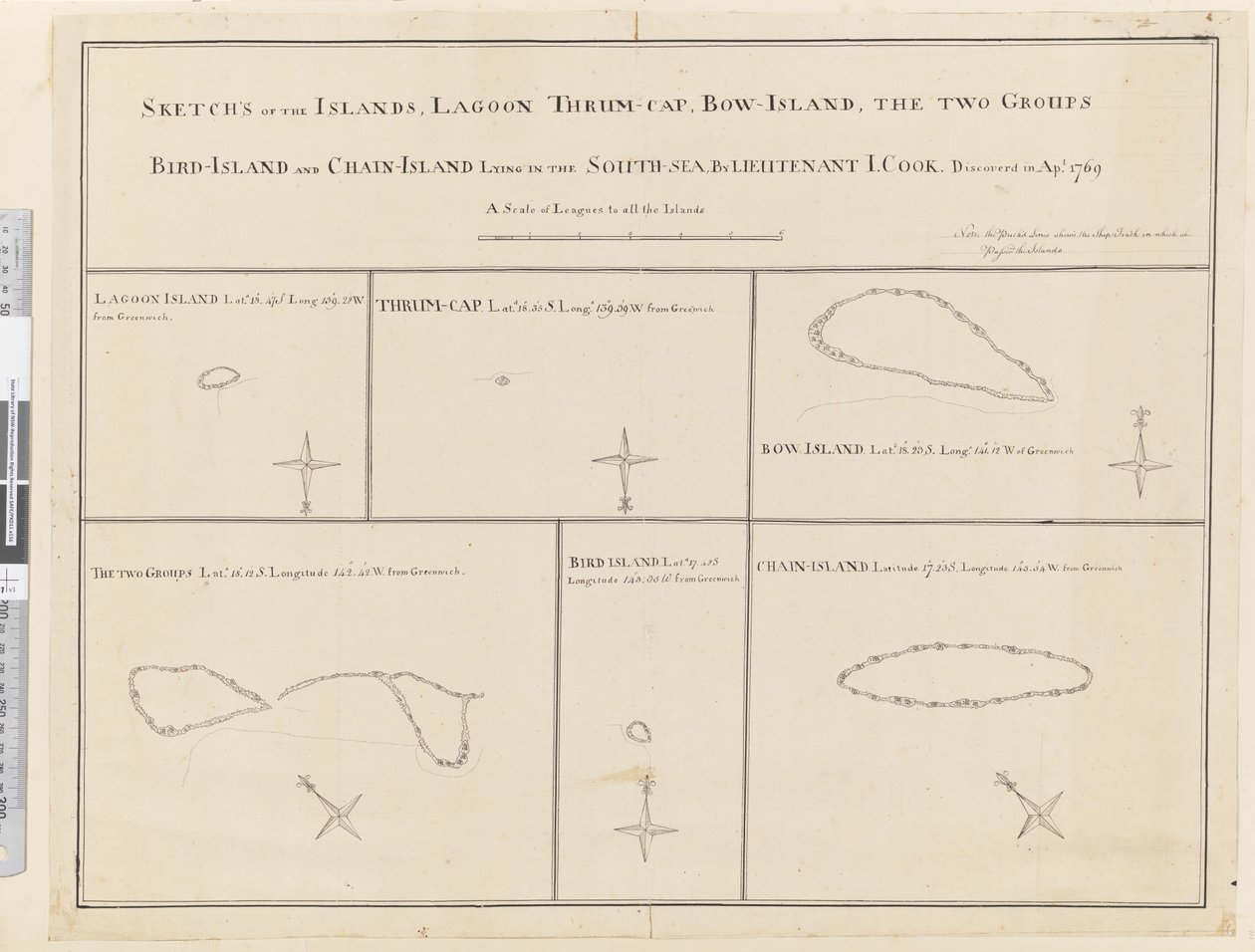 iii. Esboços da Lagoa das Ilhas, Thrum-Cap, Bow-Island, os Dois Grupos, Ilha das Aves e Ilha da Corrente, deitados no Sul, Mar... descoberto na APL 1769 de James Cook