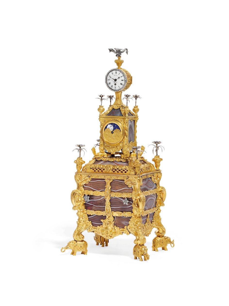 Relógio de mesa musical George III, c.1766 (ormolu, prata e ágata) (ver também 1860) de James Cox