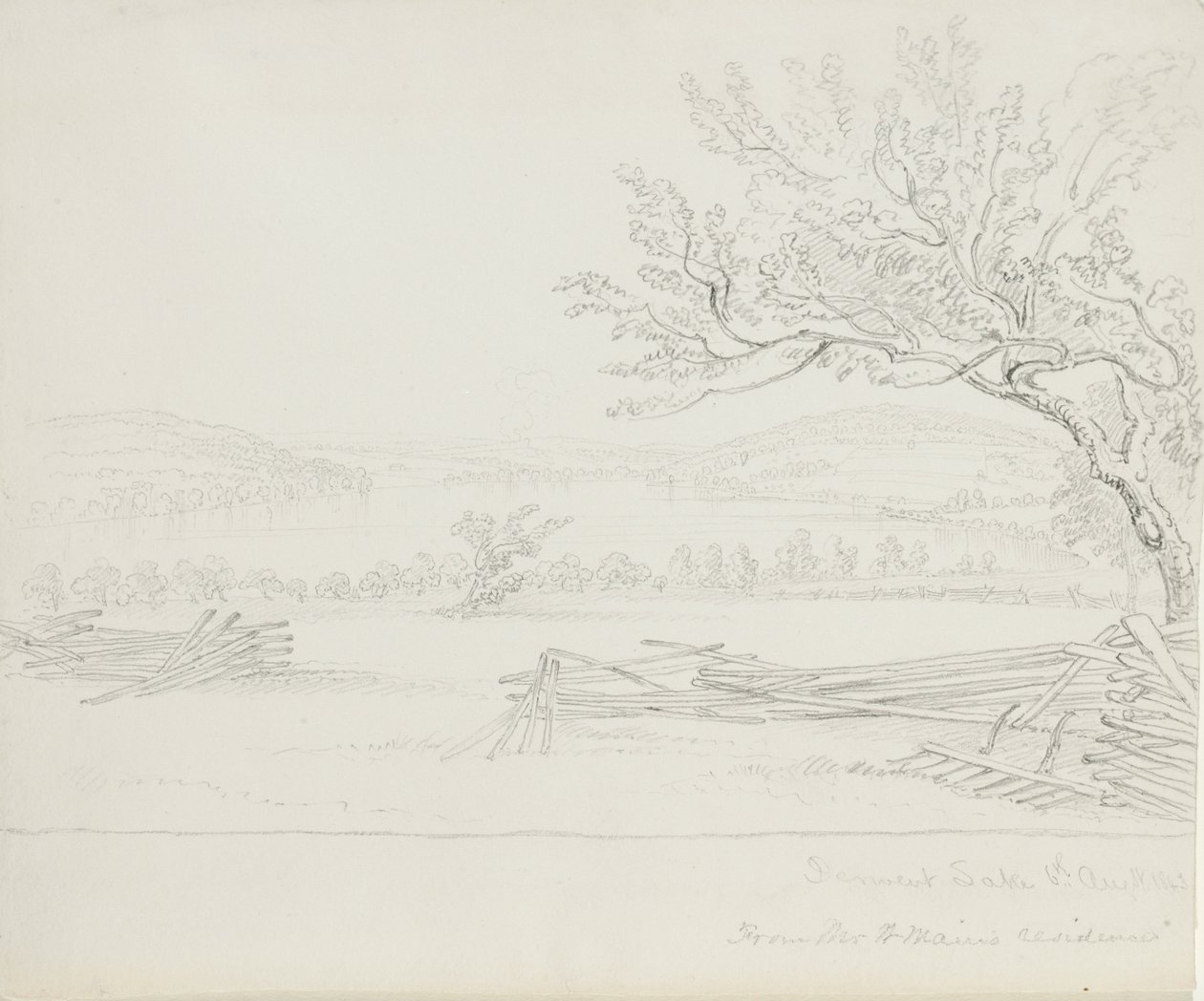 Derwent Lake, do Sr. W. Mains Residence, 1843 (grafite em papel creme) de James David Smillie
