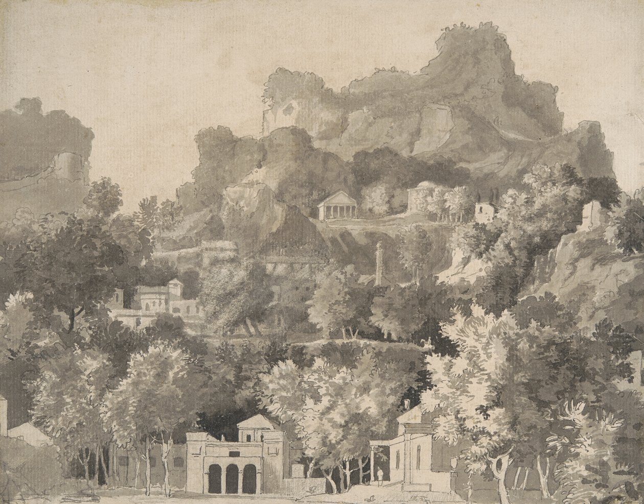 Paisagem rochosa com edifícios clássicos, c.1745 (caneta e tinta com lavagem no papel) de James Deacon