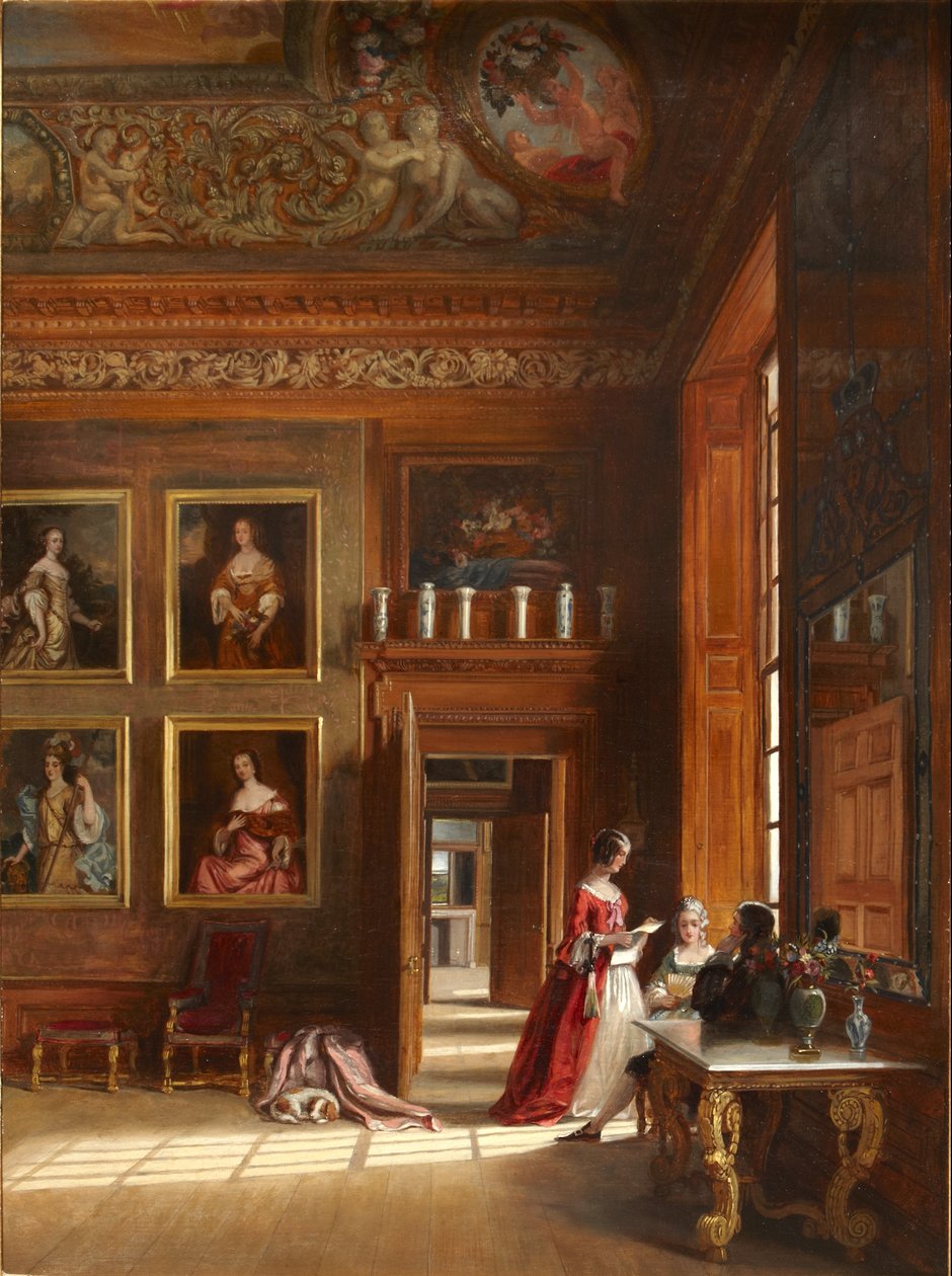 Uma vista romântica da Grande Câmara de Leito do Rei com um grupo de pessoas em traje do século XVII, c.1703-05 (óleo sobre tela) de James Digman Wingfield