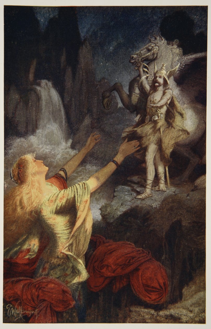 Hundingsbanes retornam a Valhal, ilustração de "Mitos e Lendas Teutônicos" de Donald A. Makenzie, 1890 de James Doyle Penrose