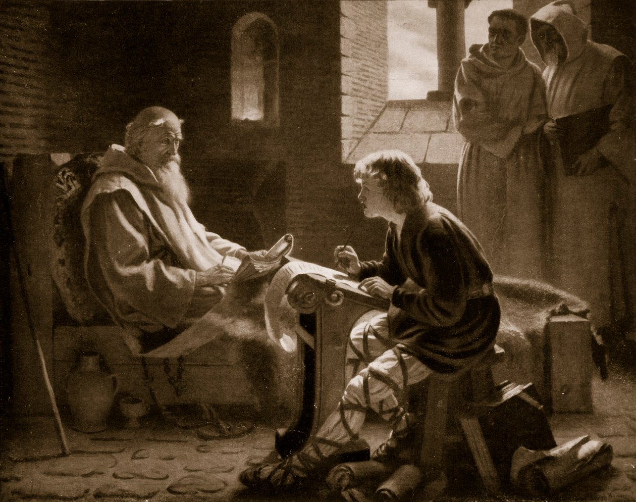 O Venerável Bede traduzindo o Evangelho, ilustração de "Hutchinson