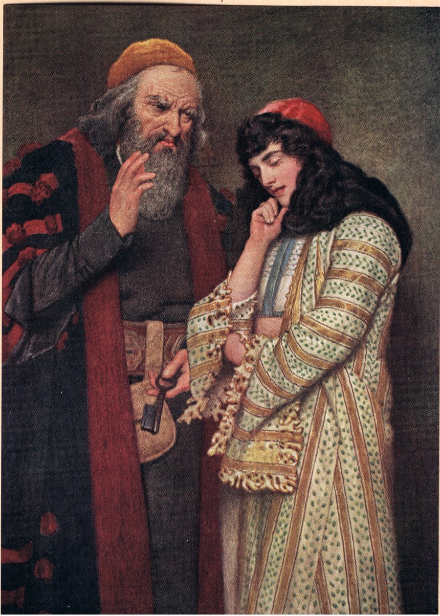 Shylock e Jessica, ilustração de &39;O Mercador de Veneza&39;, c.1910 de James Dromgole Linton