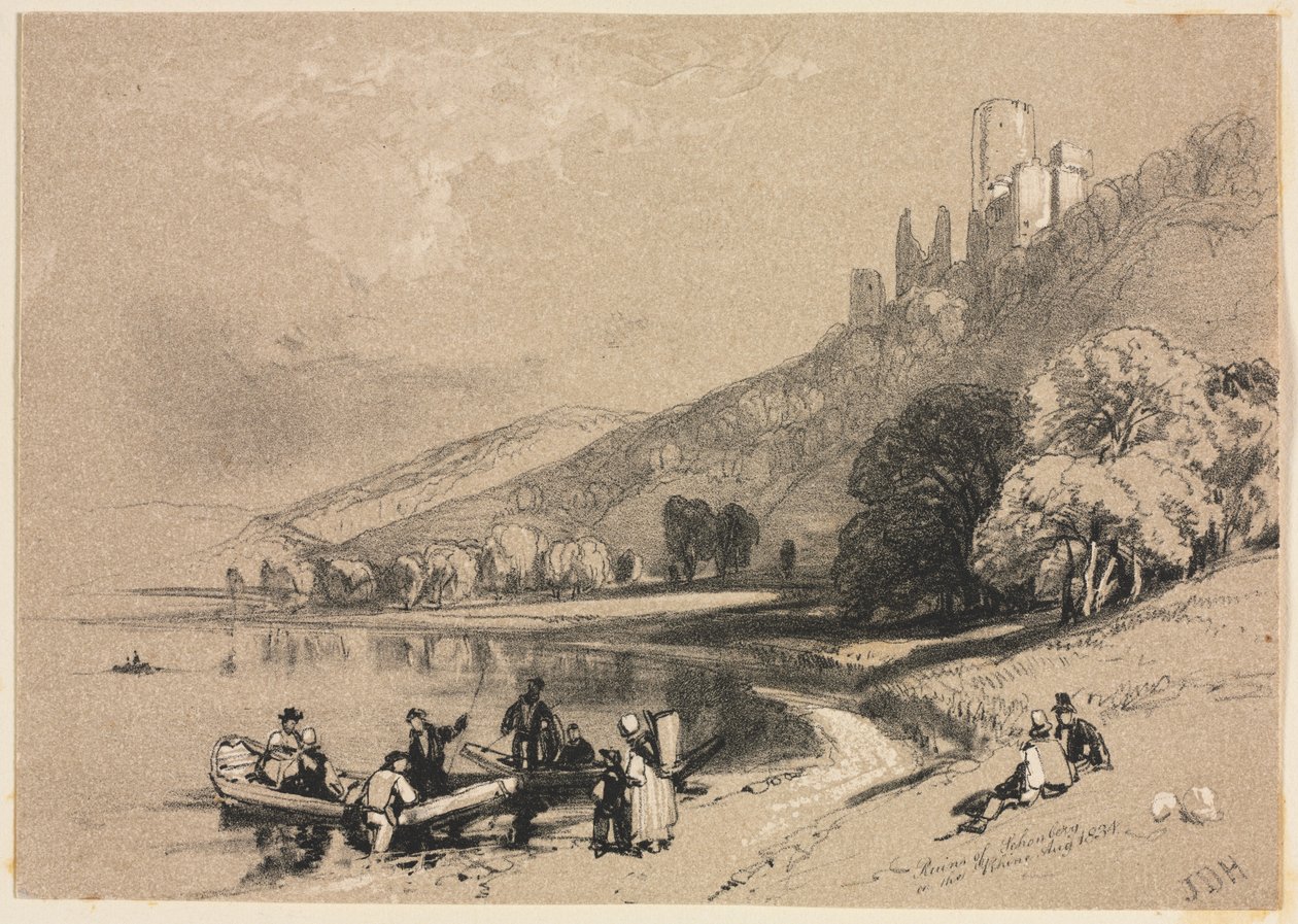 Esboços em casa e no exterior: ruínas de Schonberg no Reno, 1834. de James Duffield Harding