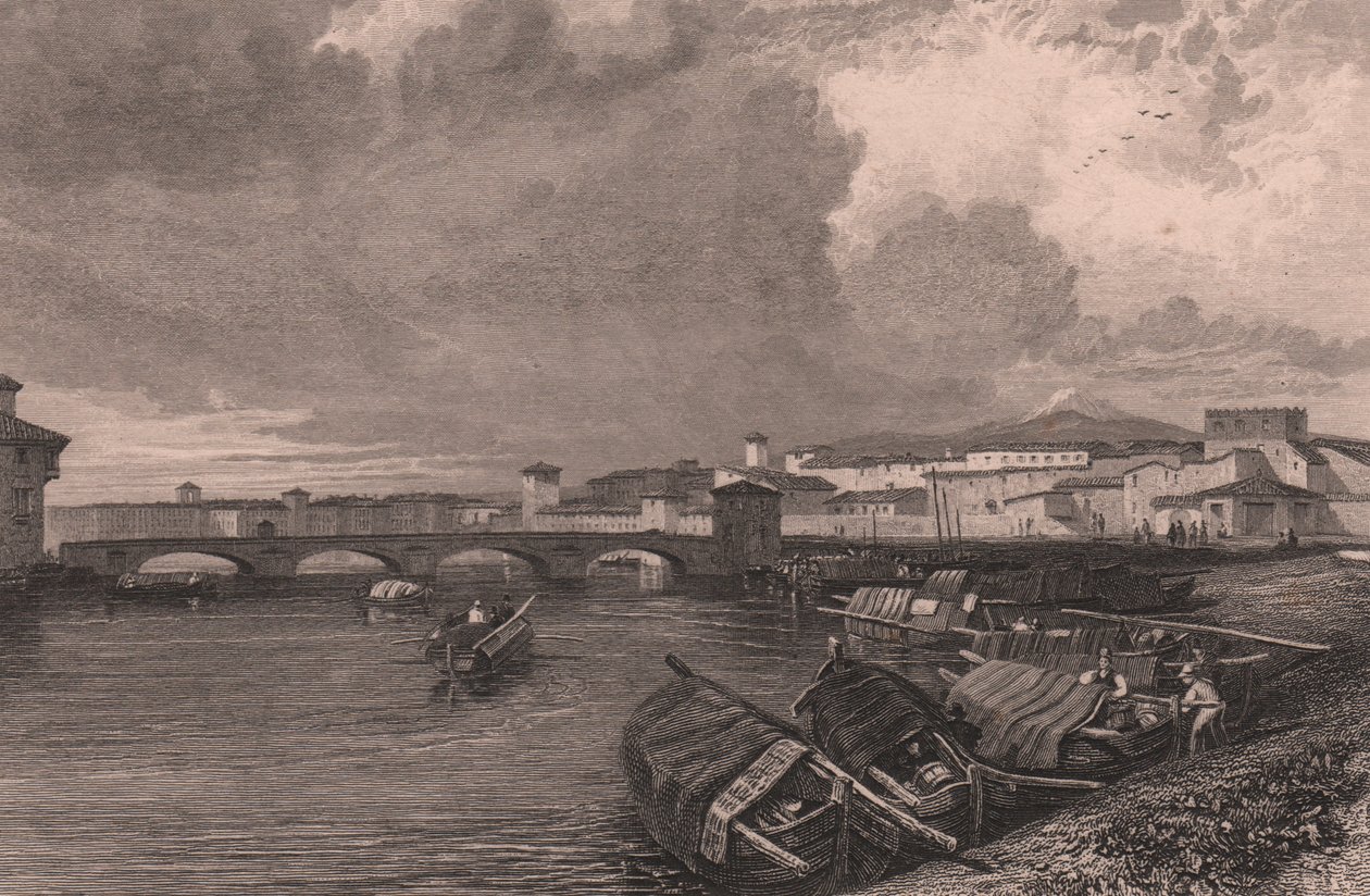 Vista do rio Arno em Pisa, Toscana, Itália, gravura em aço de Thomas Higham (1796-1844) após desenho de James Duffield Harding (1798-1863) de James Duffield Harding