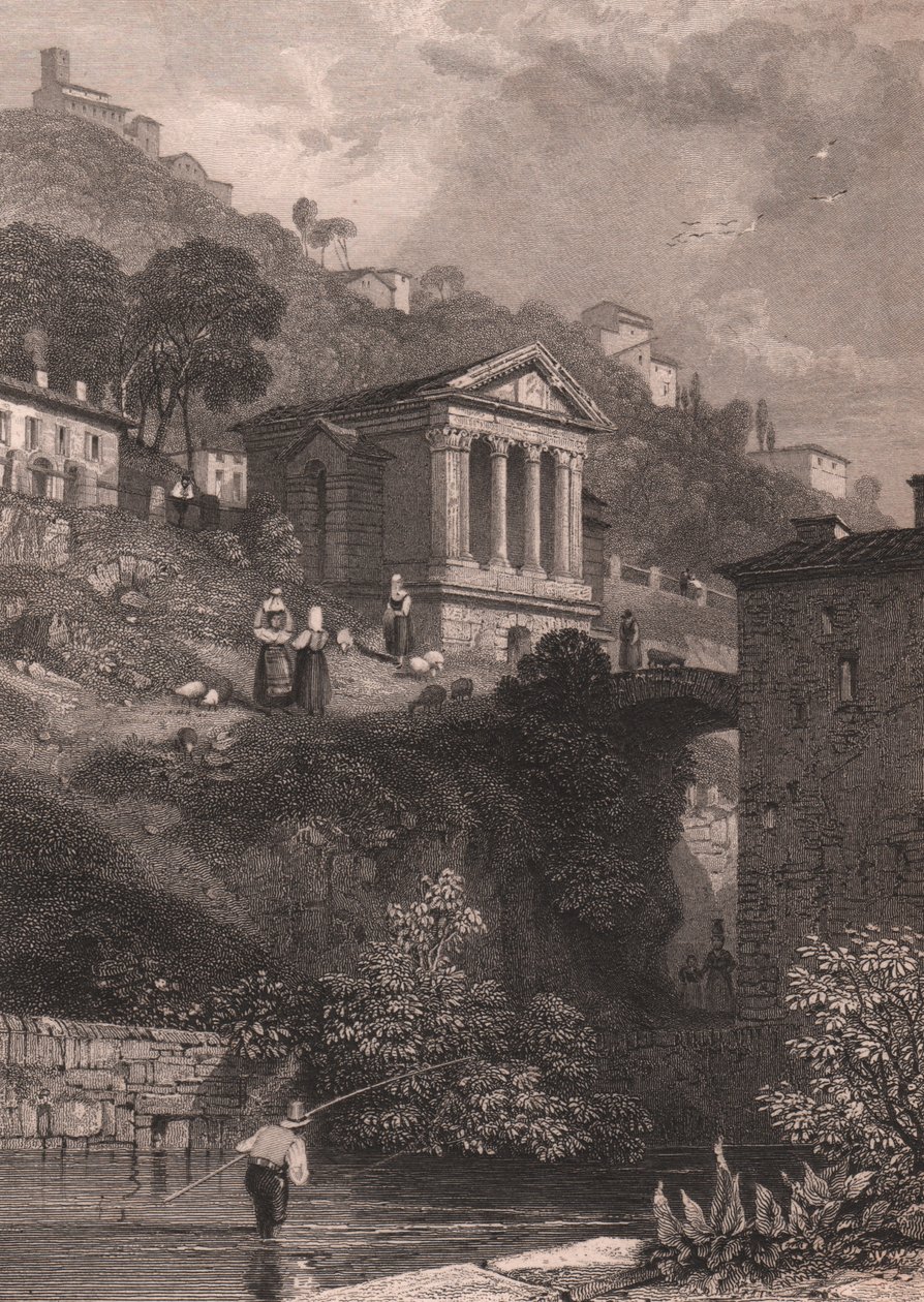 Vista do Templo de Clitunno ao longo do rio Clitunno perto de Campello sul Clitunno, Umbria, Itália, gravura em aço da Jordânia após desenho de James Duffield Harding (1798-1863), cerca de 10, 5x15 cm de James Duffield Harding