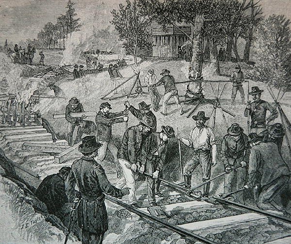 Tropas destruindo uma via férrea (gravura) de James E. Taylor