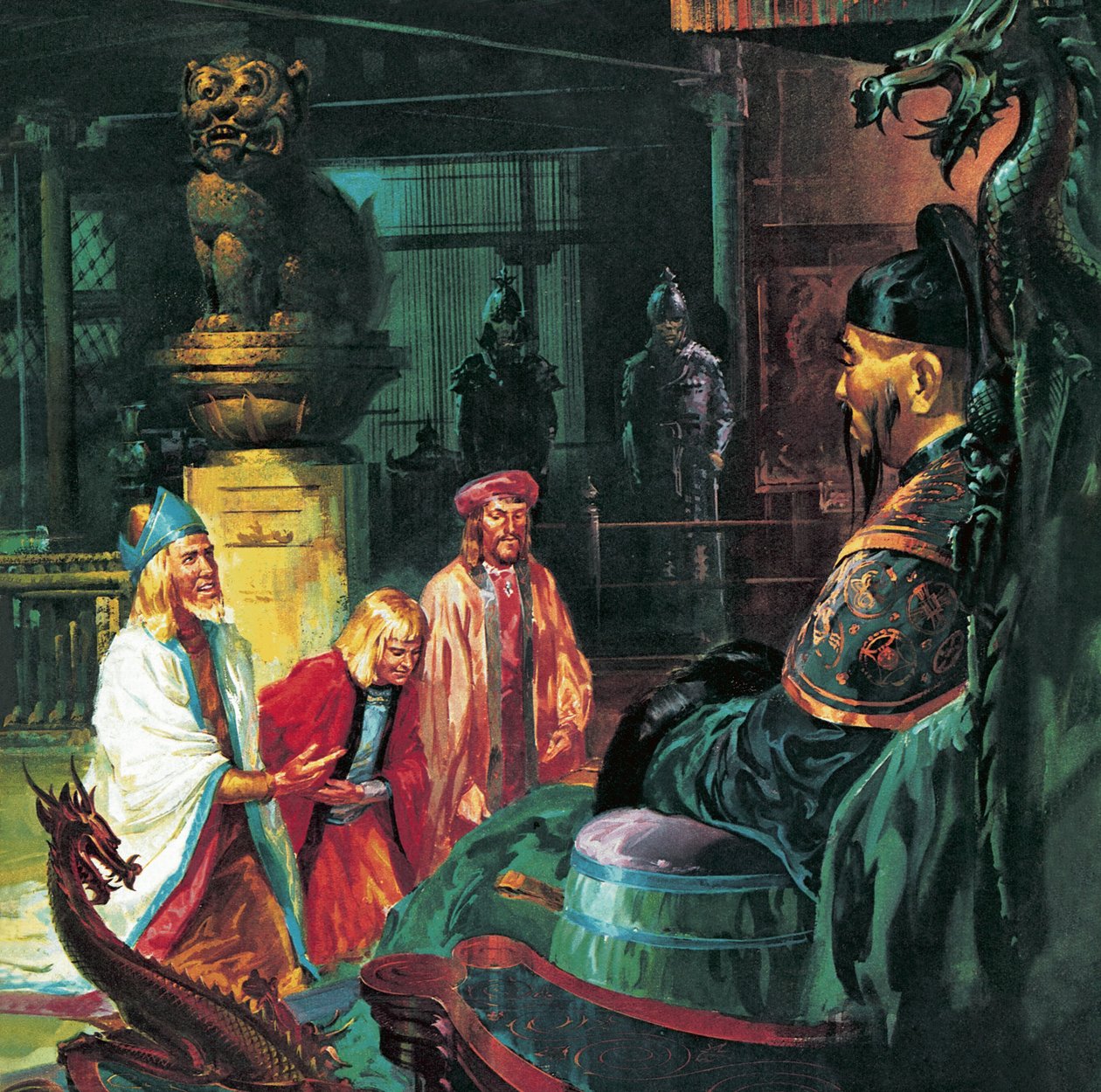 Marco Polo em frente de Kublai Khan, século XX (litografia) de James Edwin McConnell