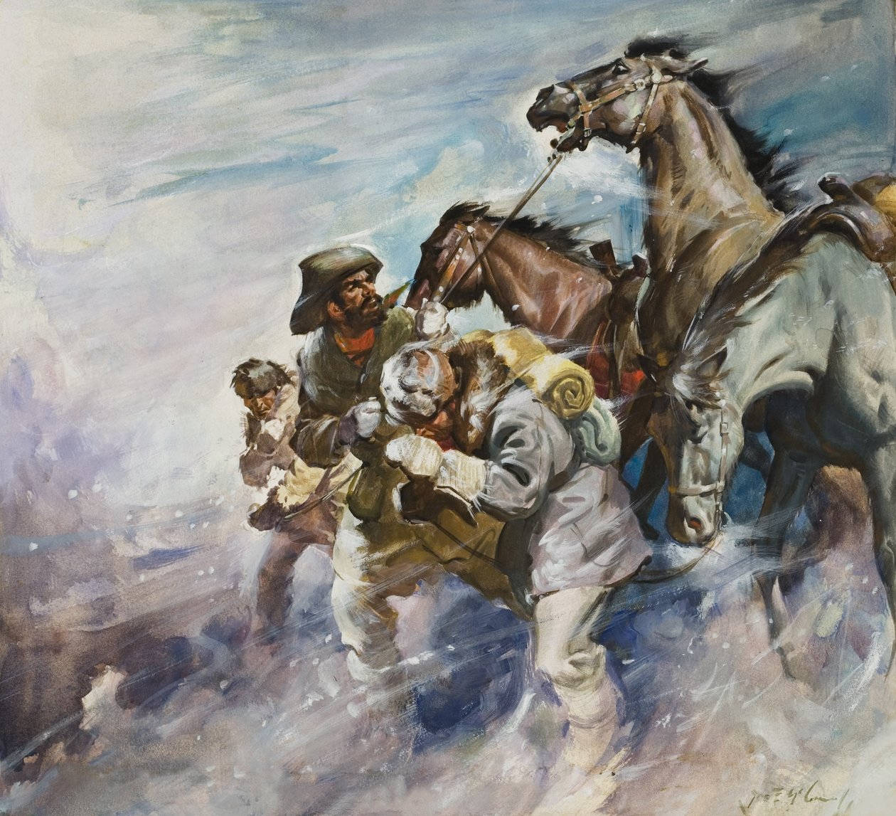 Homens e cavalos a combater uma tempestade (guache sobre papel) de James Edwin McConnell
