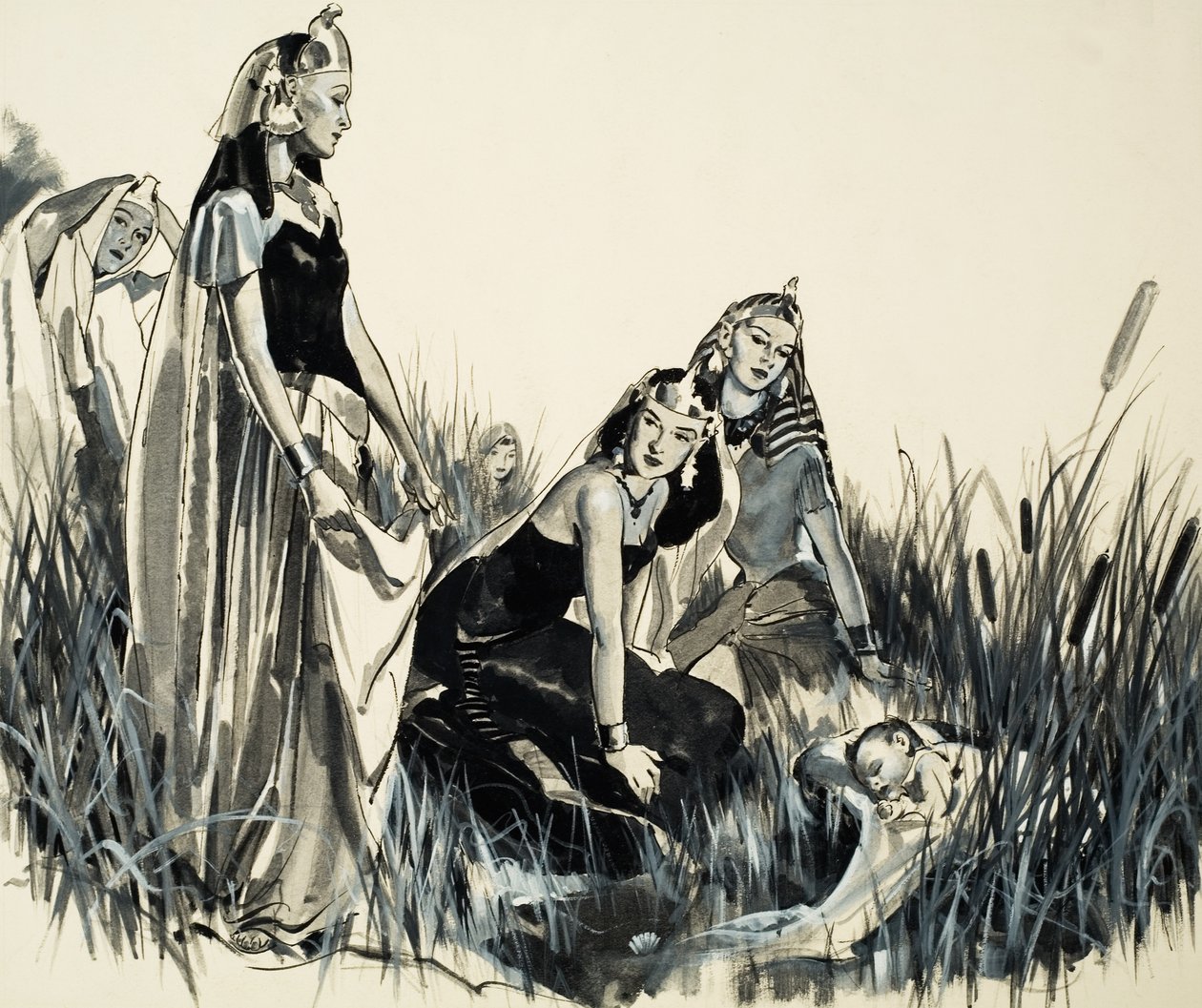 Moisés é encontrado entre os juncos (guache sobre papel) de James Edwin McConnell