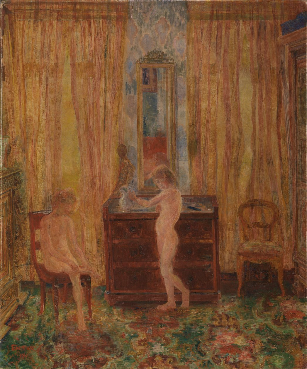 Crianças na sua casa de banho matinal (Vestido de criança) 1886 (óleo sobre tela) de James Ensor