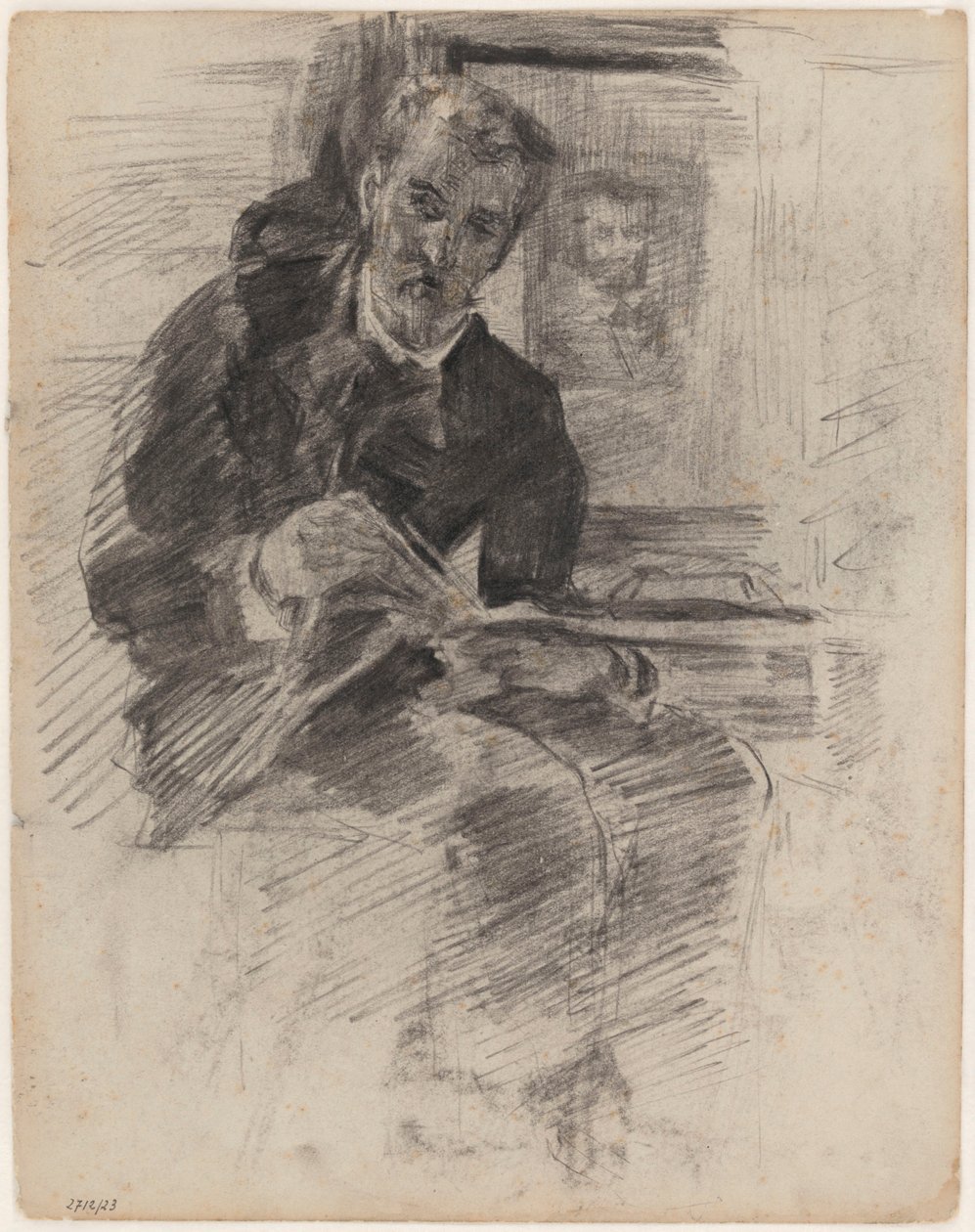 Homem a ler (na verdade: Willy Finch sentado a uma mesa, com paleta e pincéis na mão) de James Ensor