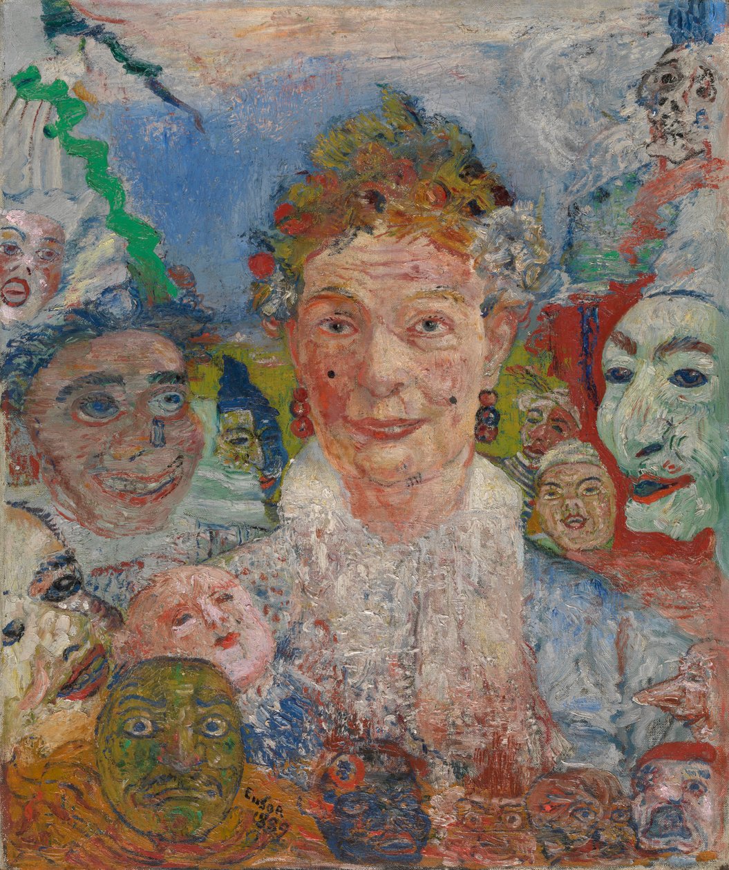 Dama idosa com máscaras de James Ensor