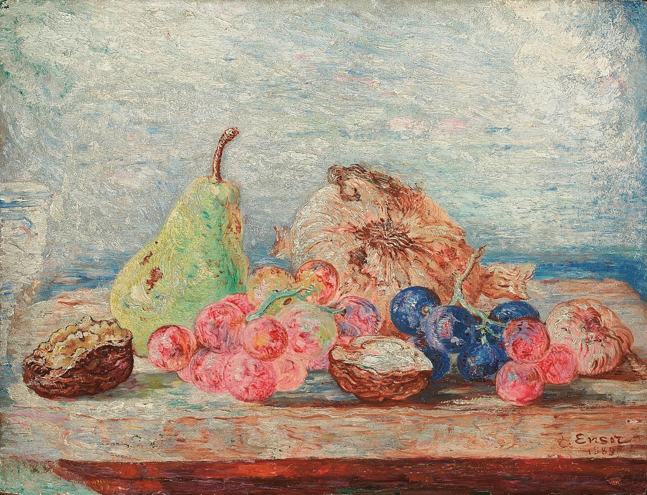 Peras, uvas, nozes; Poires, passas de uva, noix de James Ensor