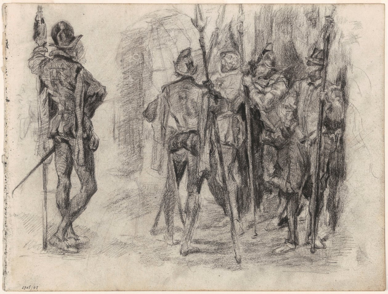 Esboços de figuras e cinco soldados espanhóis com lanças de James Ensor