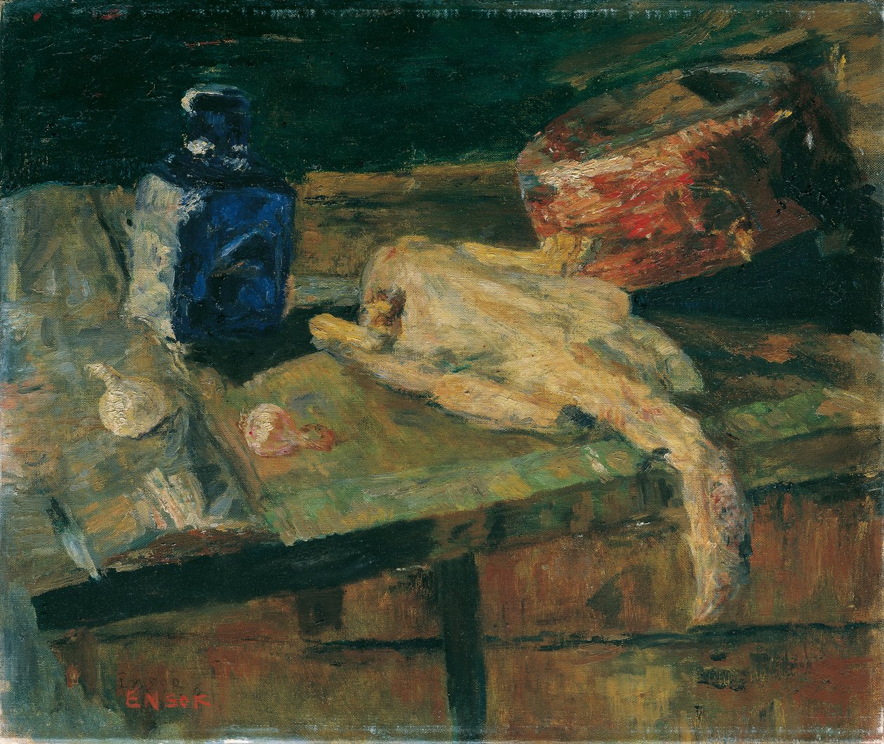 Natureza Morta com Garrafa Azul e Frango Depenado de James Ensor