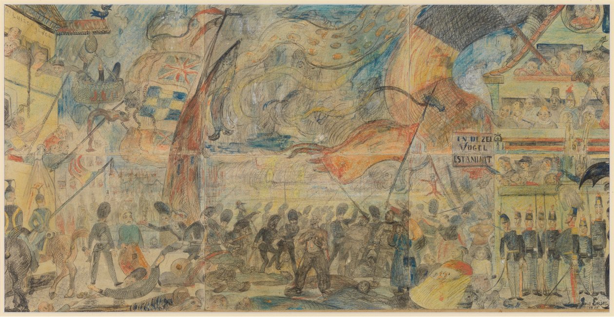 A Ação de Greve (giz, lápis e pastel sobre papel montado em cartão) de James Ensor