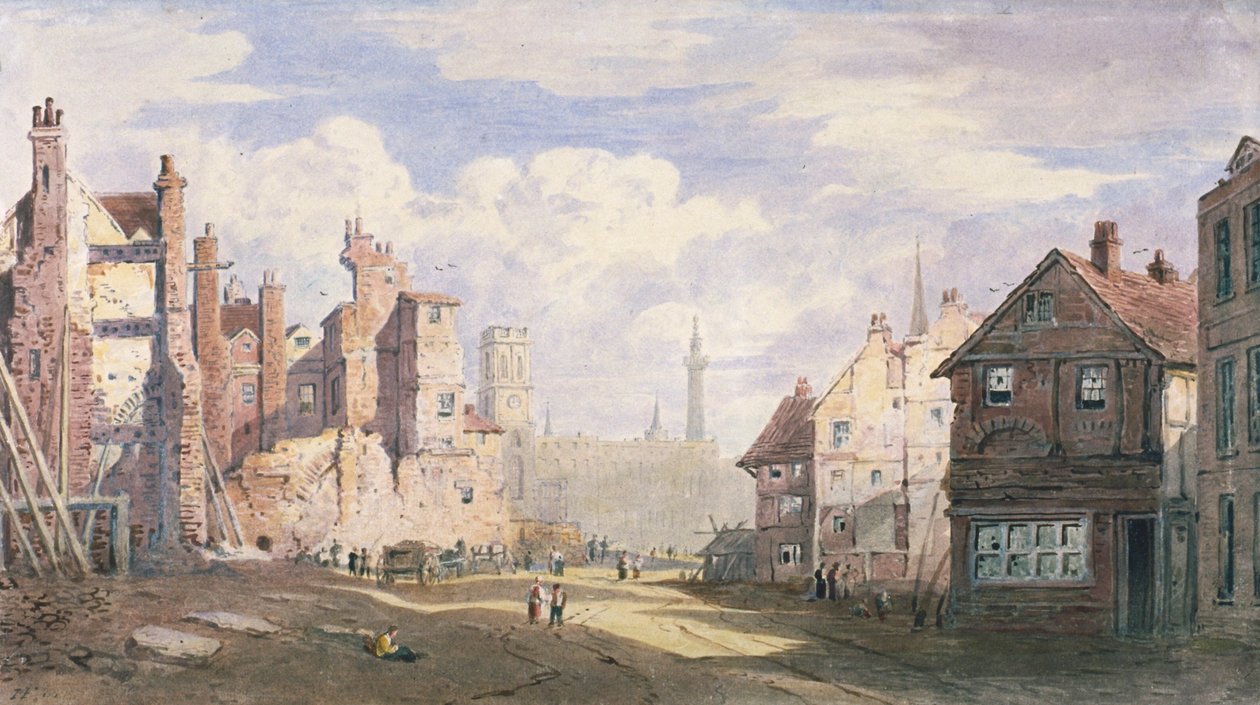 Demolição de casas antigas perto de Walbrook para dar lugar ao Rei William Street, City of London, 1834 de James Fahey