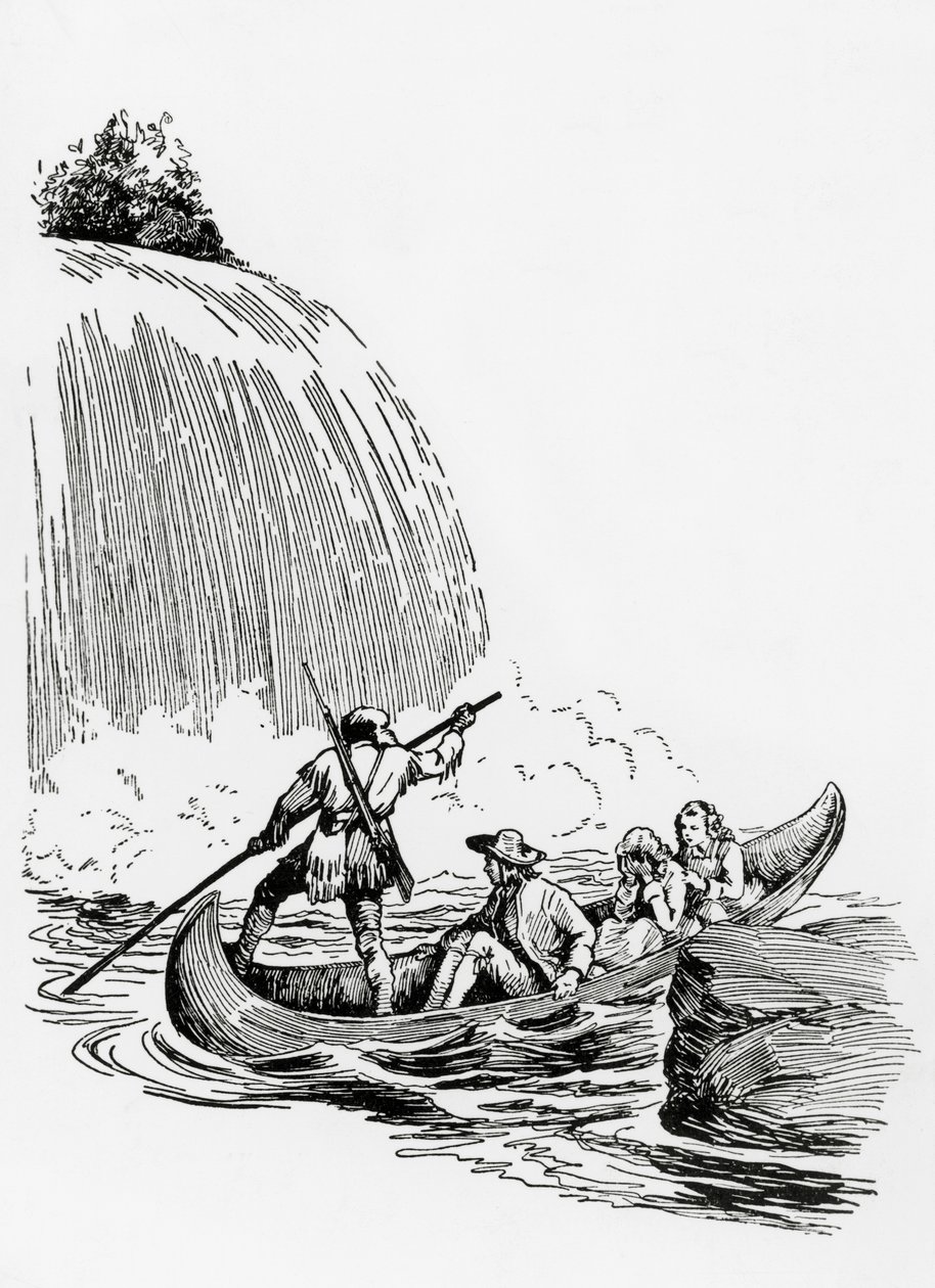 Os personagens principais em uma canoa por uma cachoeira, ilustração para The Last of the Mohicans de James Fenimore Cooper, Principato Editore, Milão de James Fenimore Cooper