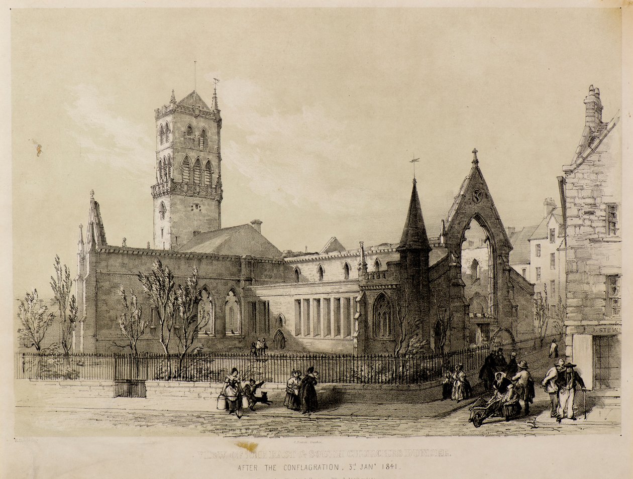 Vista das Igrejas do Leste e do Sul, Dundee, após a conflagração, 3 de Janeiro de 1841 de James Fenton